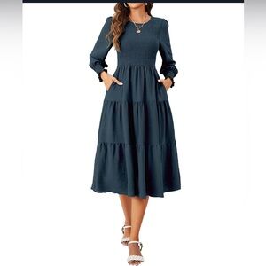 Blue Smocked Tiered Sundress with Bishop Sleeves NWT size Large